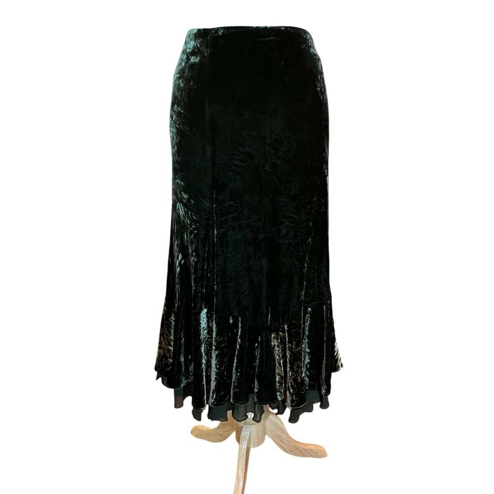 VTG Lauren Ralph Lauren Silk Blend Crushed Velvet MIdi Skirt 12 Green Ruffle